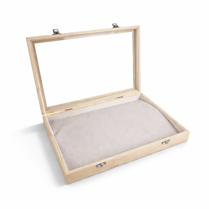 Maletín con tapa de cristal para pulseras de madera y de ante beige