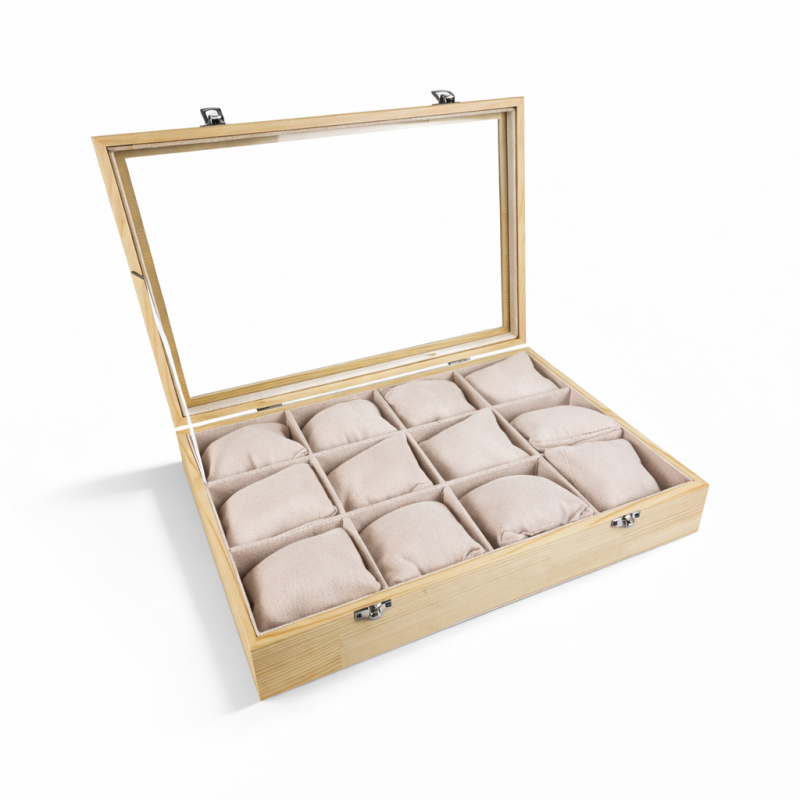 Maletín con cojines para 12 pulseras o relojes de madera y ante beige