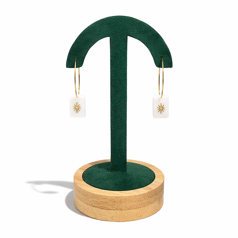 Soporte para pendientes con forma de paraguas sobre base de madera - Ante verde esmeralda