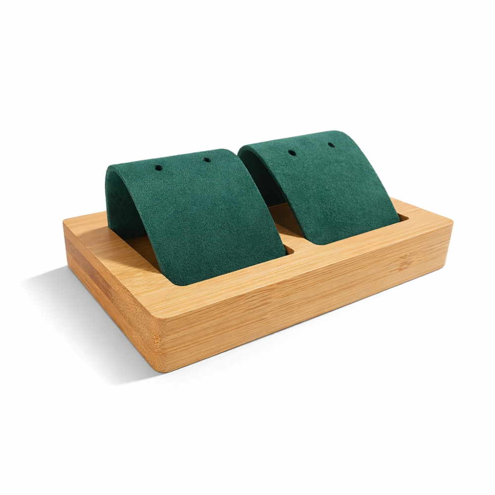 Pequeño soporte doble para pendientes de madera y ante verde esmeralda