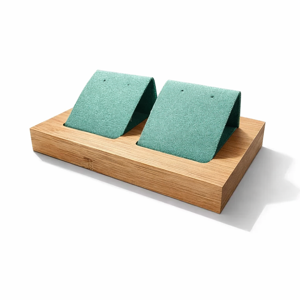Pequeño soporte para pendientes «Duo» Riviera – Madera de bambú y ante verde laguna