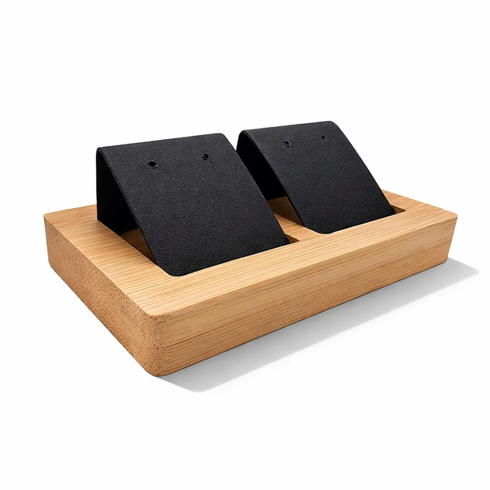 Pequeño soporte doble para pendientes de madera y símil piel negra