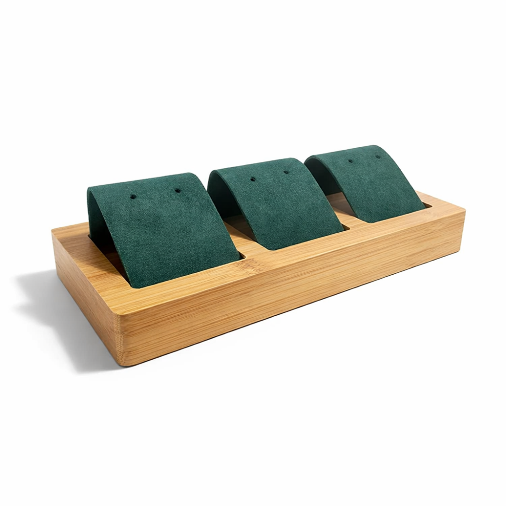 Pequeño soporte triple para pendientes de madera y ante verde esmeralda