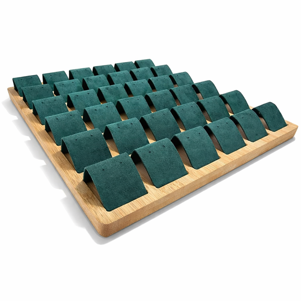 Bandeja grande para 36 pares de pendientes de madera y ante verde esmeralda