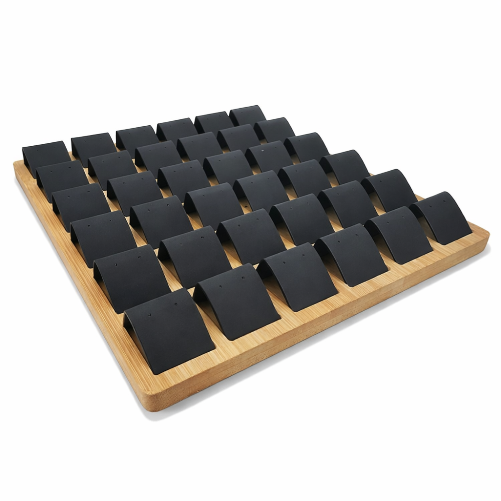 Bandeja grande para 36 pares de pendientes de madera y de símil piel negra