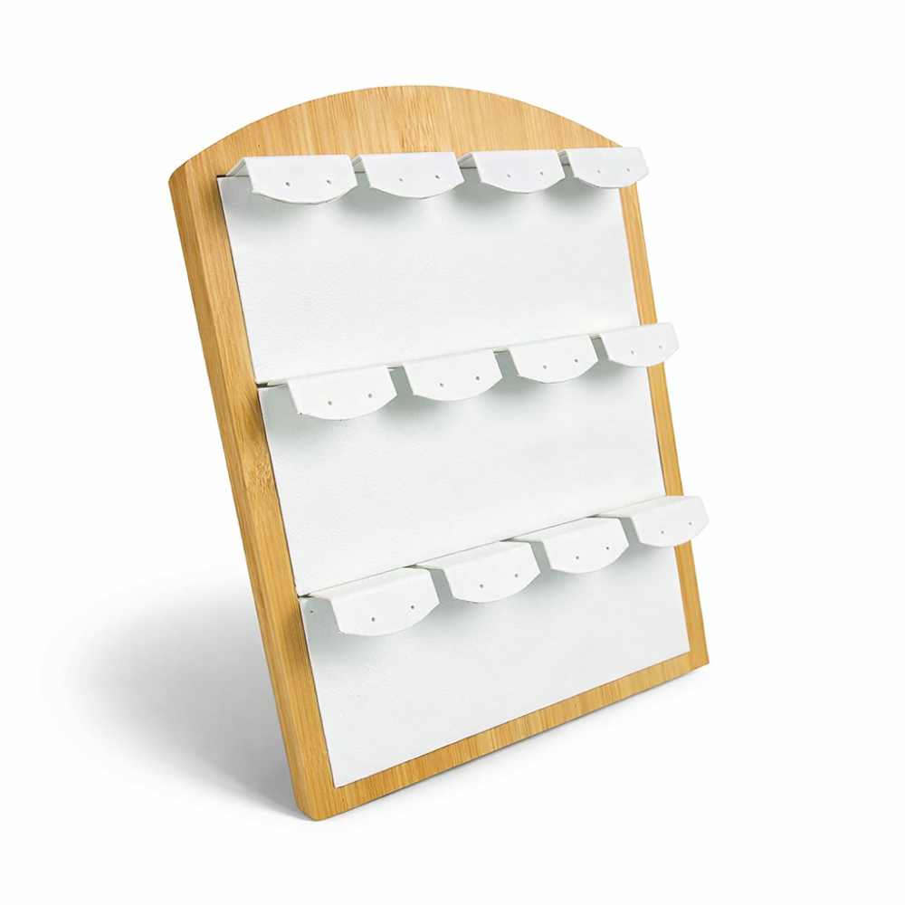 Expositor para 12 pares de pendientes de madera y símil piel blanca