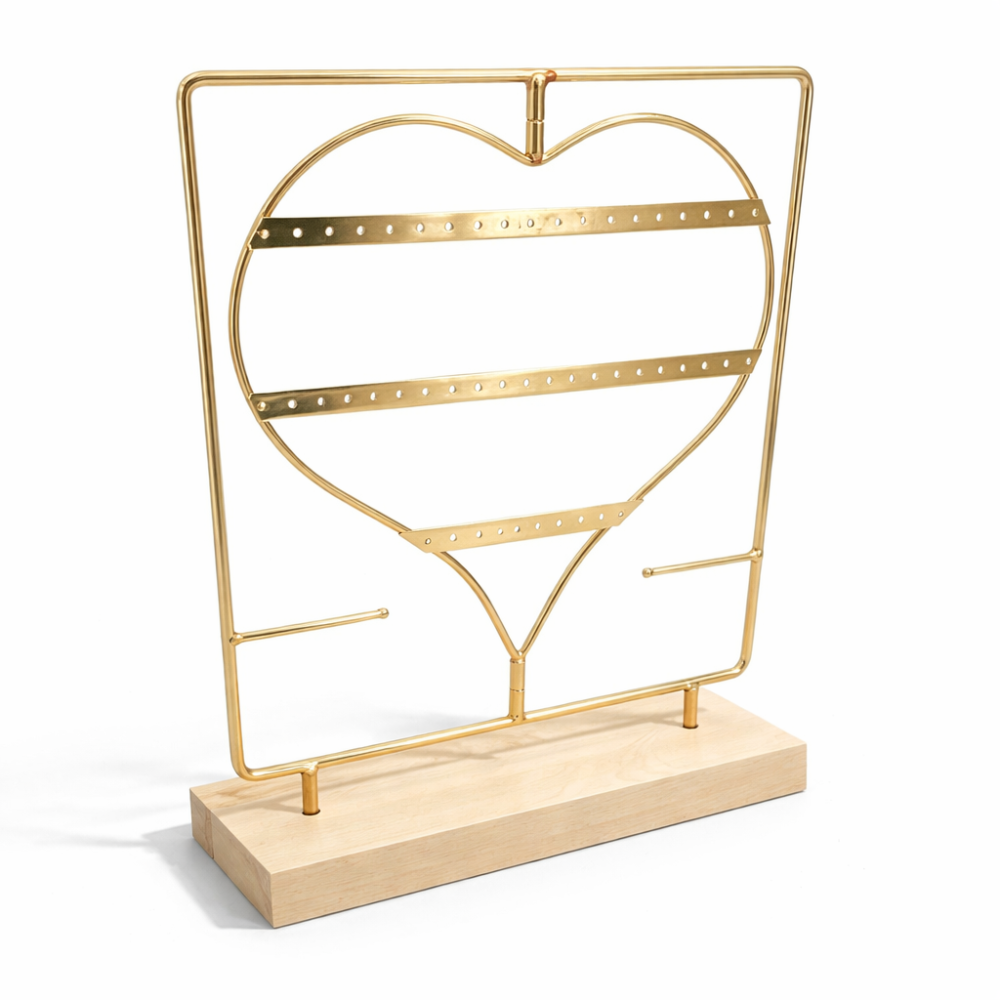 Soporte para pendientes de metal dorado en forma de corazón, 23 pares