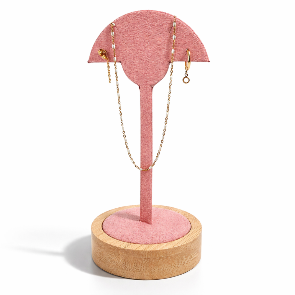 Expositor en forma de palmera para 1 par de pendientes largos y 1 collar - De ante rosa