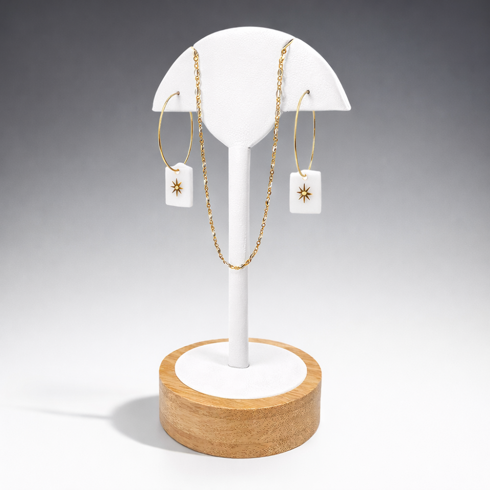 Expositor de palmera para 1 par de pendientes largos y 1 collar - De símil piel blanco