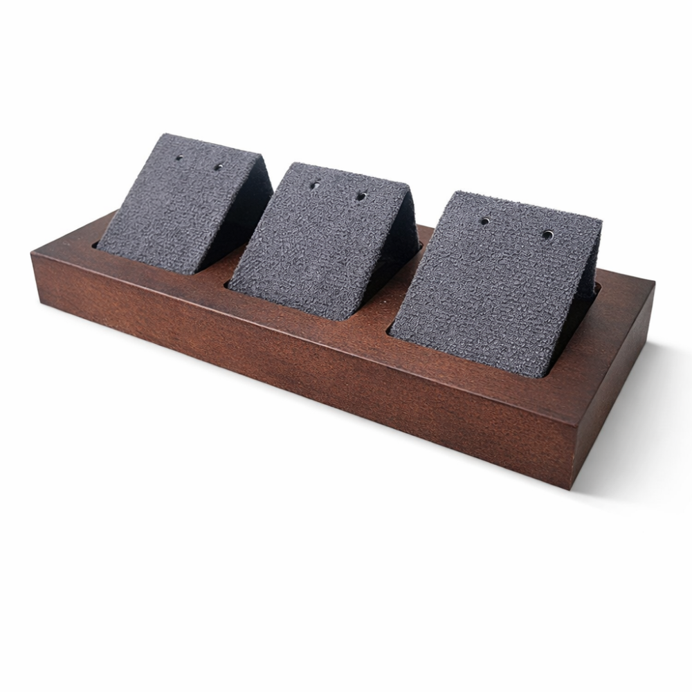 Pequeño soporte triple para pendientes de madera oscura y de ante gris antracita