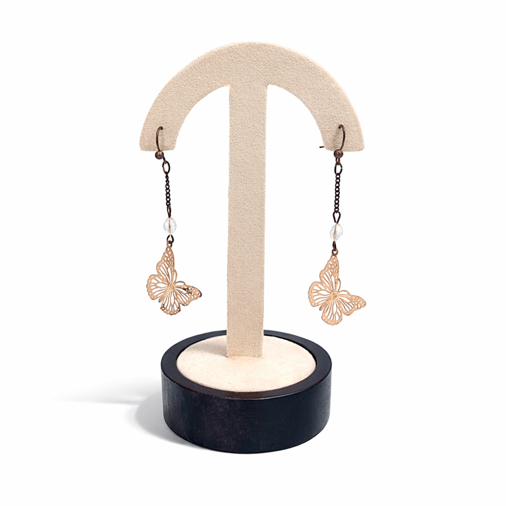 Soporte para pendientes con forma de paraguas sobre base de madera oscura - beige de lino