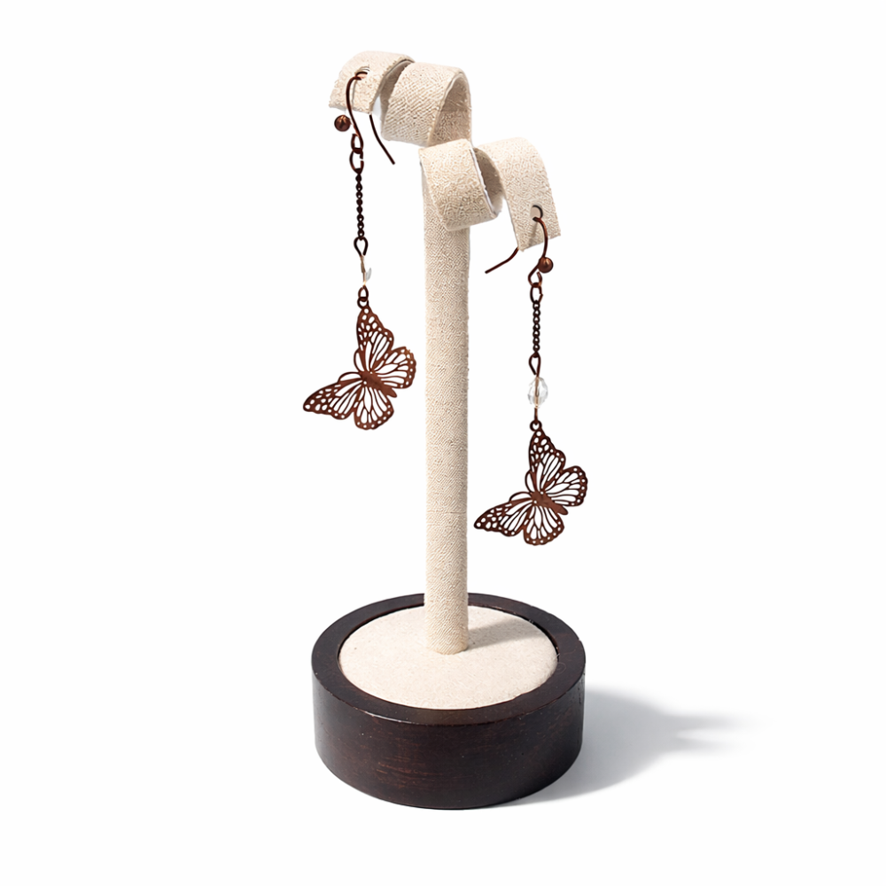 Expositor trenzado de lino beige para 1 par de pendientes de madera oscura