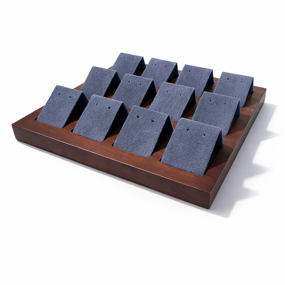 Pequeña bandeja para pendientes de madera oscura y de ante gris