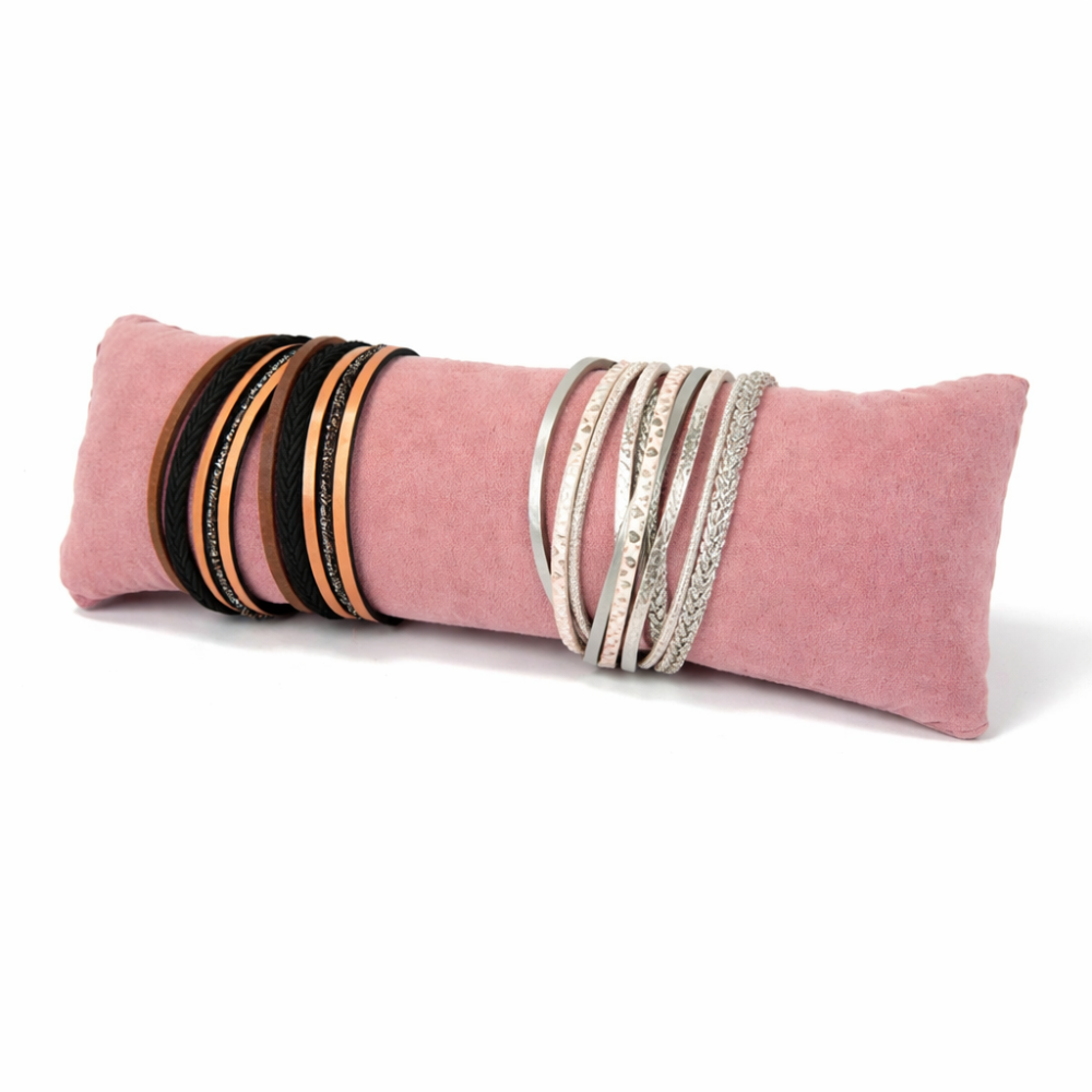 Cojín grande para pulseras de ante rosa, expositor de pulseras de ante.