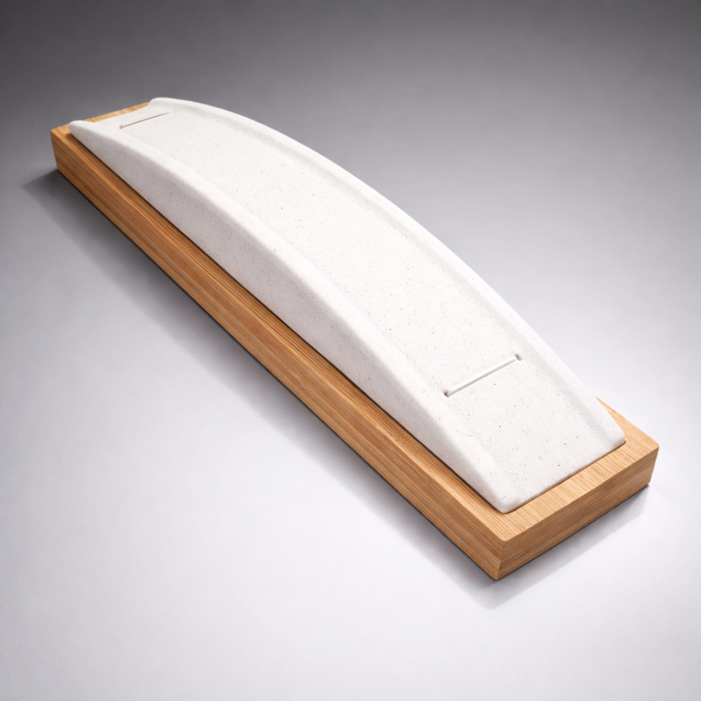 Soporte curvo para pulseras de madera de bambú y símil piel blanca