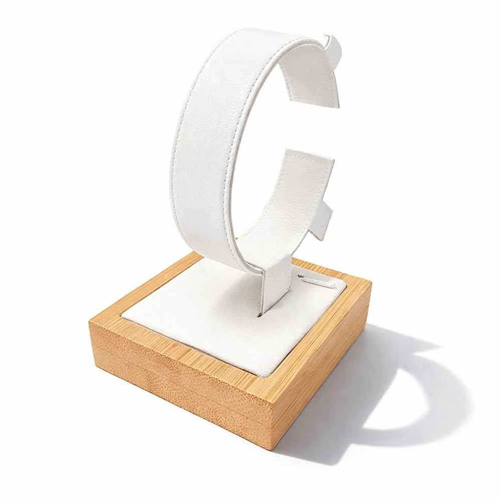 Portarrelojes individual de madera de bambú - Símil piel blanca