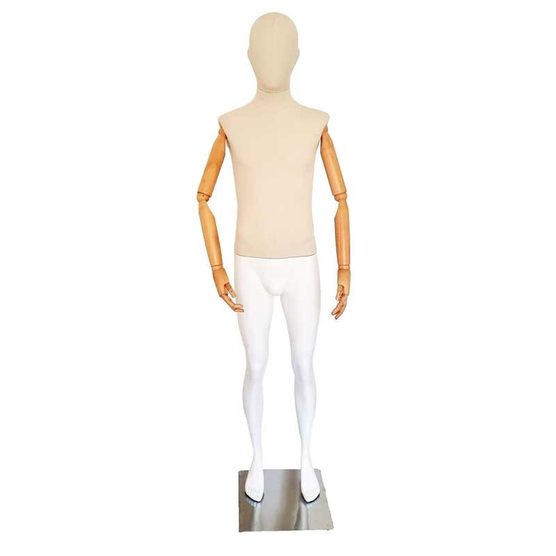 Mannequin homme en bois, résine et coton beige naturel et blanc