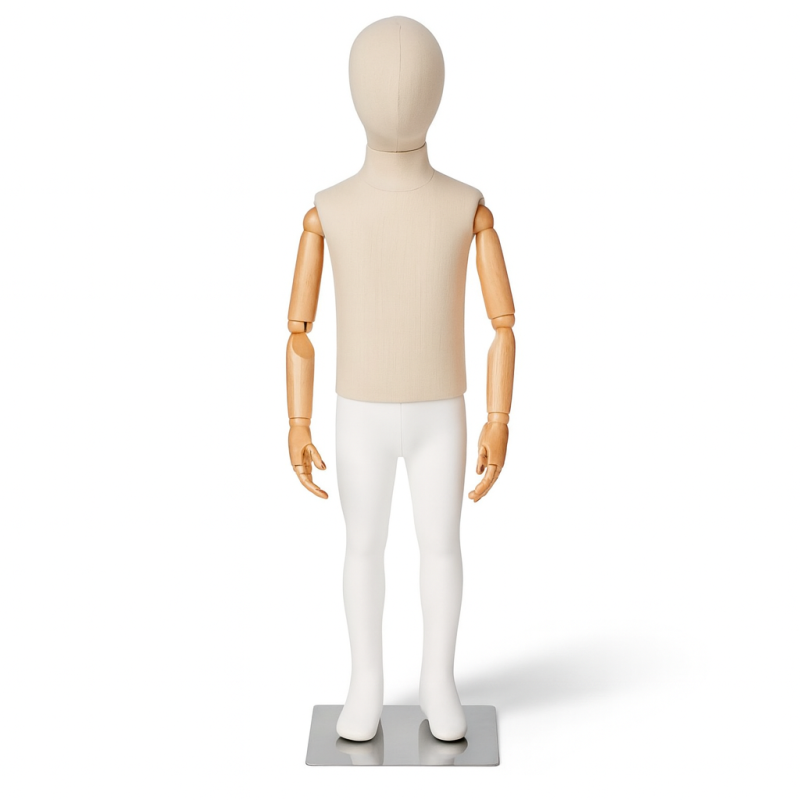 Mannequin enfant 8-10 ans en bois, résine et coton beige naturel et blanc