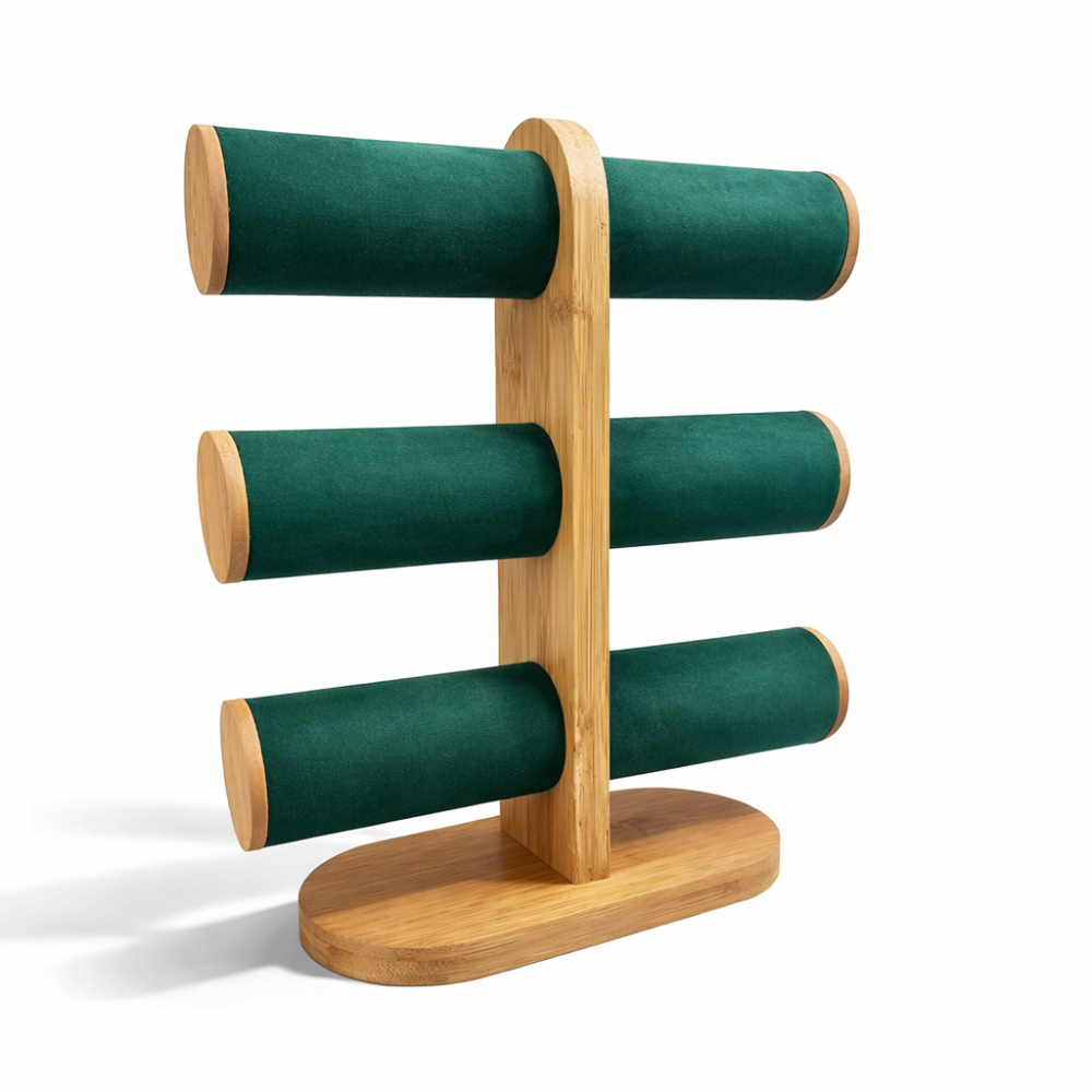 Portapulseras de 3 niveles de madera y ante verde esmeralda