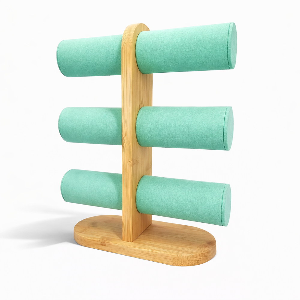 Gran expositor de pulseras «3 niveles» Riviera – Madera de bambú y ante verde laguna