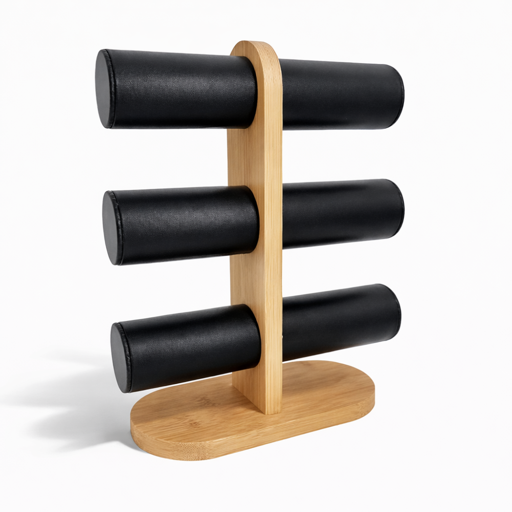 Portapulseras de 3 niveles de madera y símil piel negra