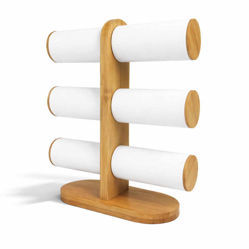 Portapulseras de 3 niveles de madera y símil piel blanco