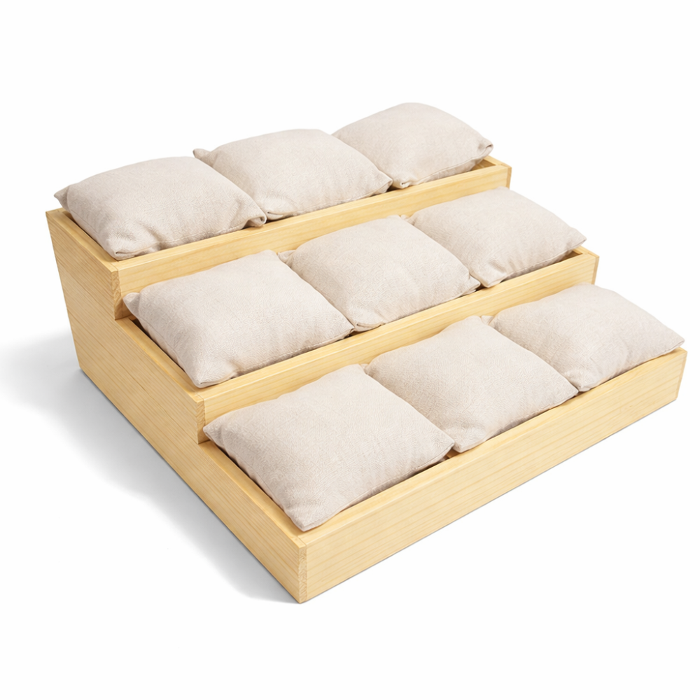 Expositor de madera con 9 cojines extraíbles de ante sintético beige rosado