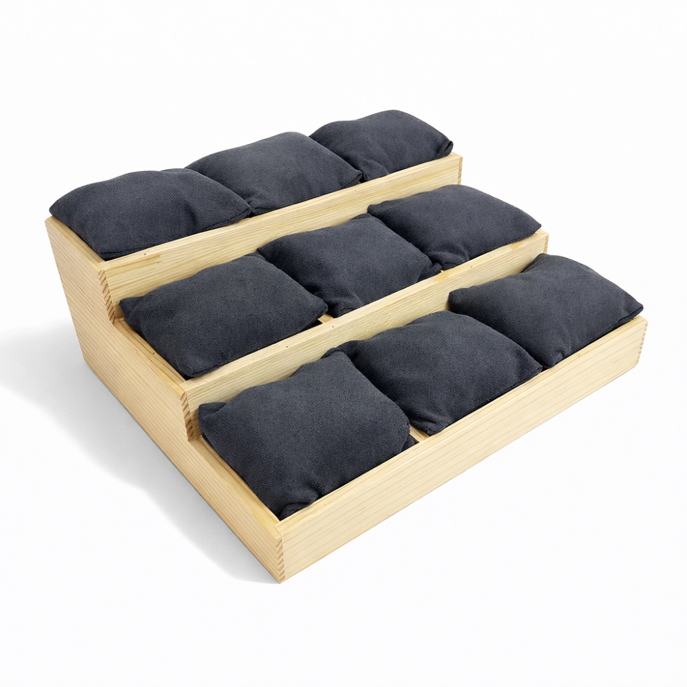 Expositor de madera con 9 cojines extraíbles de ante sintético gris antracita