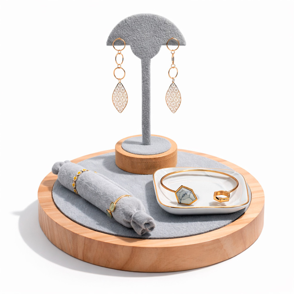Set organizador de joyas «Serenidad» Madera natural y terciopelo gris
