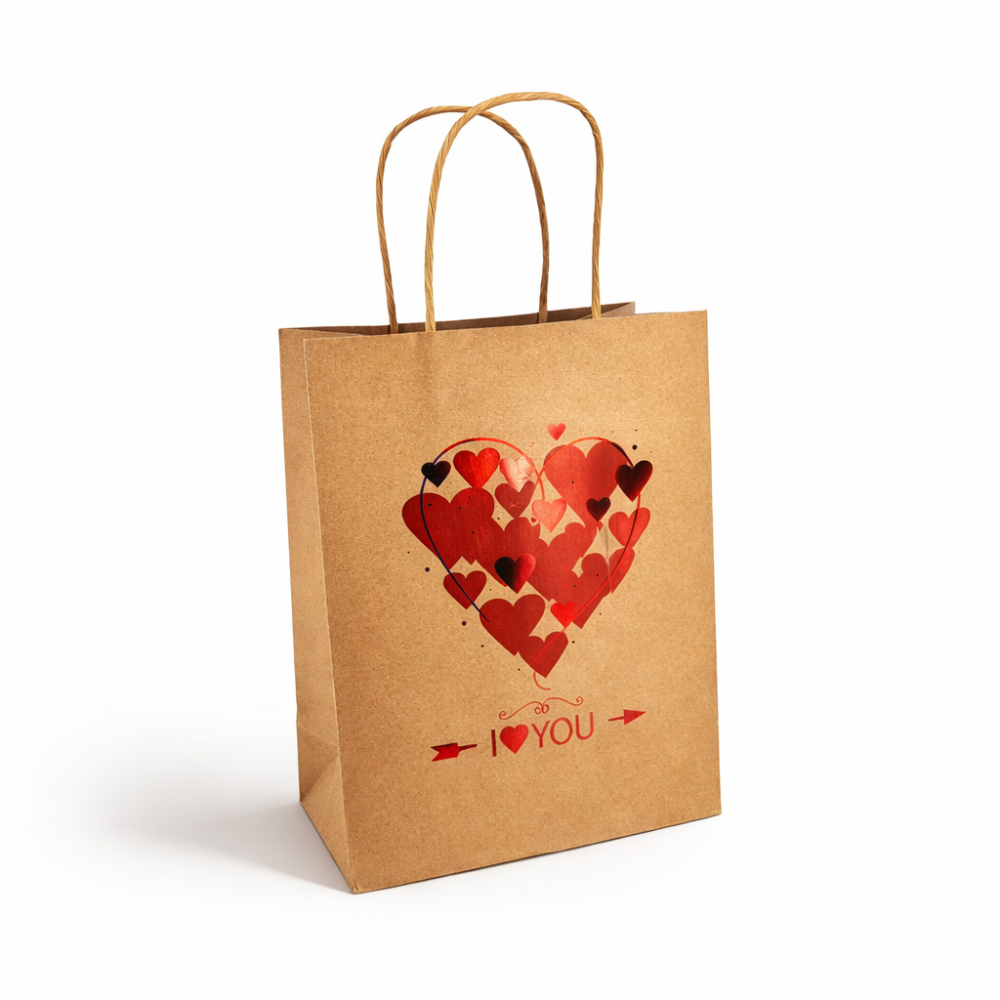 12 bolsas de papel kraft marrón con motivo de corazones rojos «I ♥ you» 18 x 10 x 23 cm
