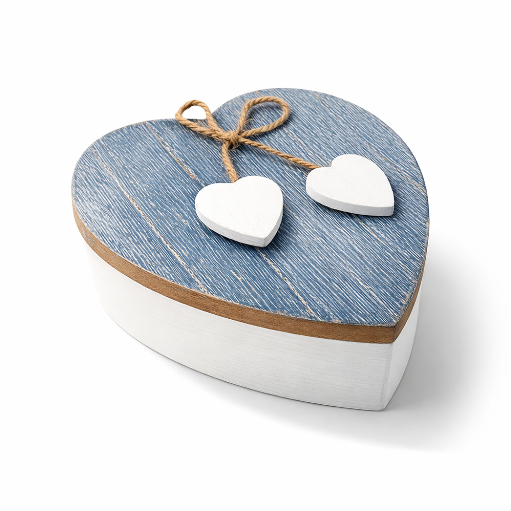 Caja para joyas con forma de corazón y tapa de madera azul grisácea