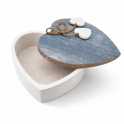 Caja para joyas con forma de corazón y tapa de madera azul grisácea
