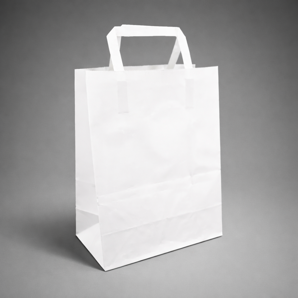 25 bolsas pequeñas de papel kraft blanco con asas planas, 21 x 11 x 28 cm