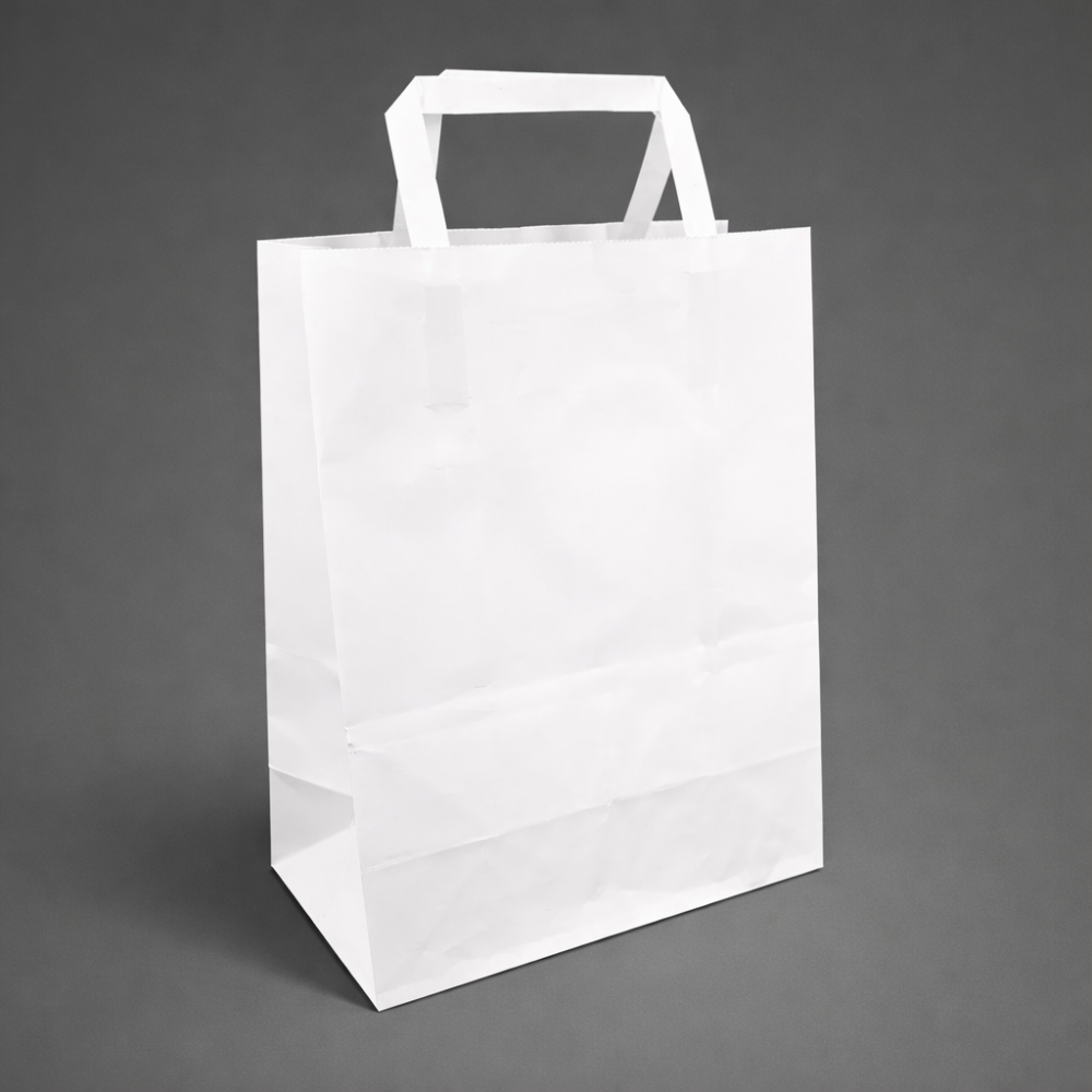 25 bolsas de papel kraft blancas con asas planas, 26 x 12 x 33 cm