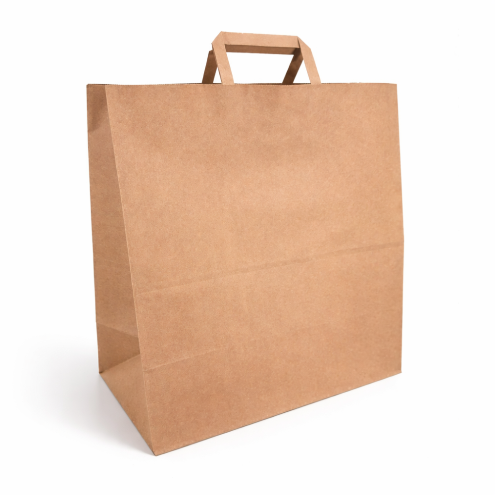 25 bolsas grandes de papel kraft con asas planas y fondo ancho, 36 x 19 x 39 cm
