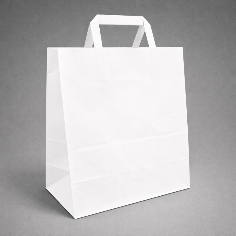 25 bolsas de papel kraft blanco de forma cuadrada con asas planas y fondo ancho, 28 x 15 x 28 cm