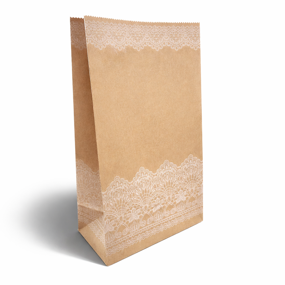 12 bolsas SOS de papel kraft marrón natural con motivo de encaje 13x8x24 cm