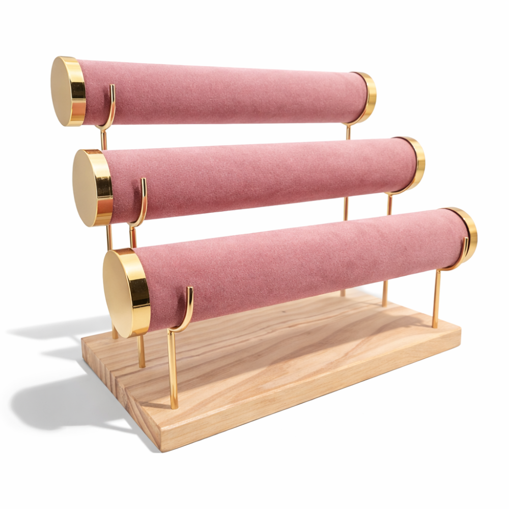 Soporte para pulseras de ante rosa, metal dorado y madera, de 3 niveles