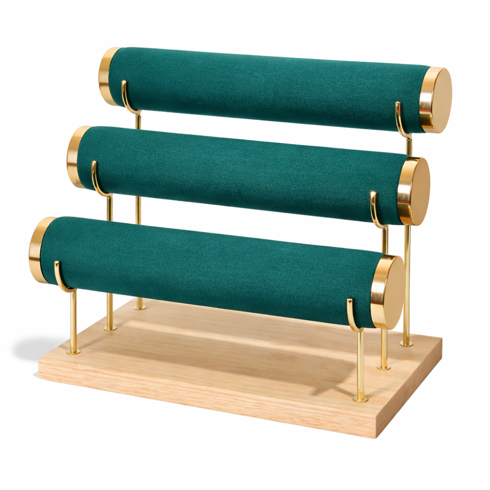 Portapulseras de ante verde esmeralda con metal dorado y madera de 3 niveles