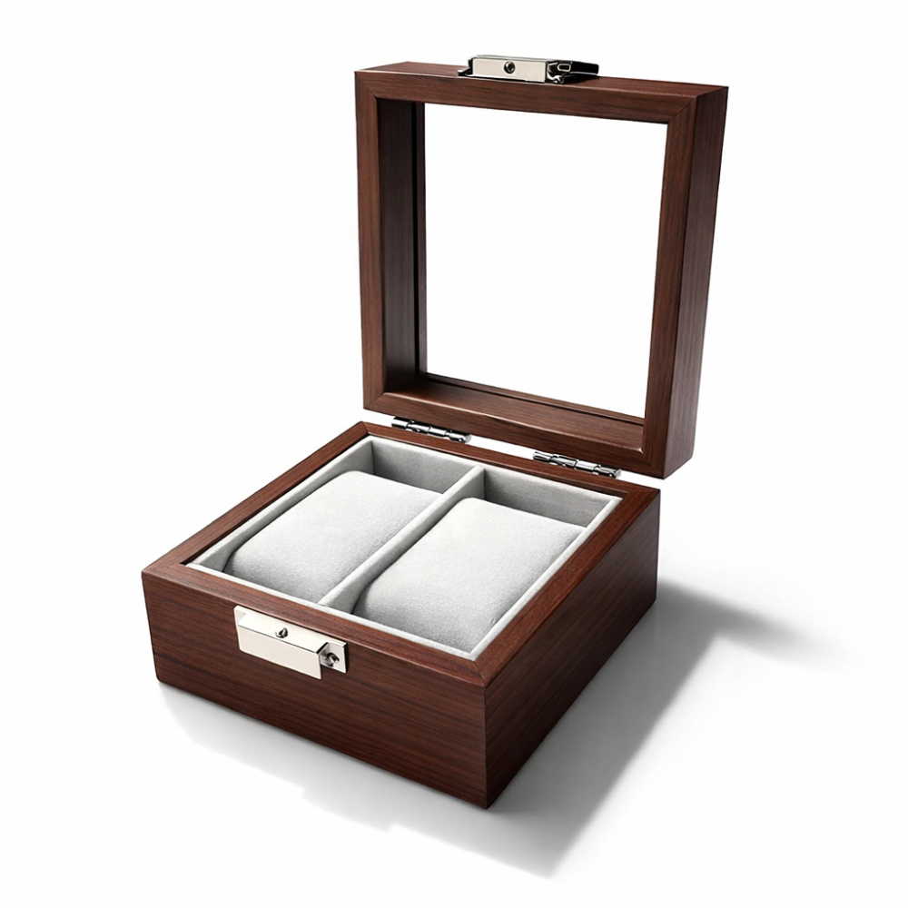 Pequeña caja de almacenamiento con ventana para 2 relojes, aspecto de madera