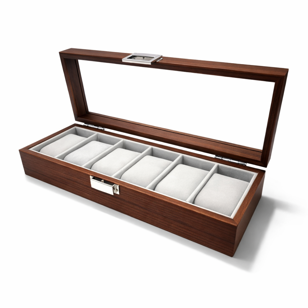 Caja de presentación con cristal para 6 relojes con acabado de madera