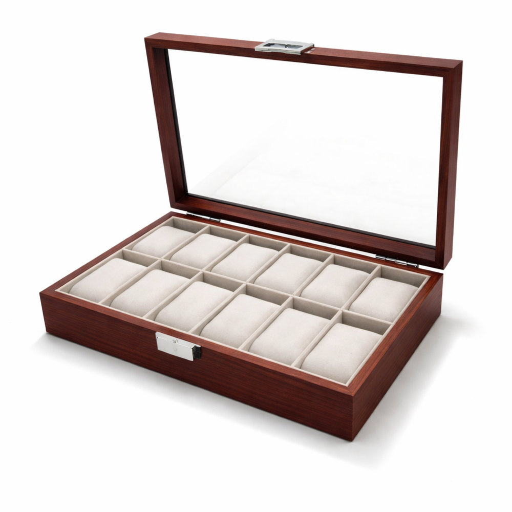 Caja de presentación con cristal para 12 relojes imitación madera