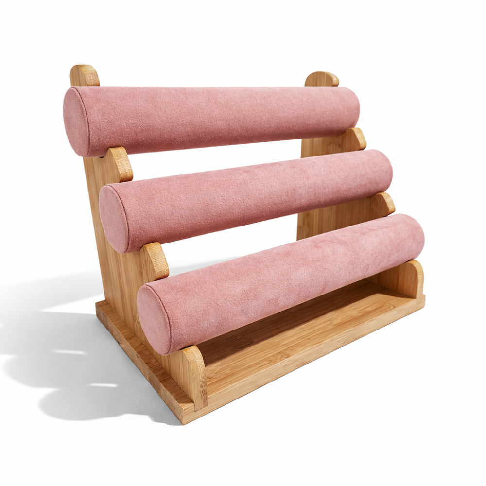 Expositor para pulseras de madera y de ante rosa de 3 niveles