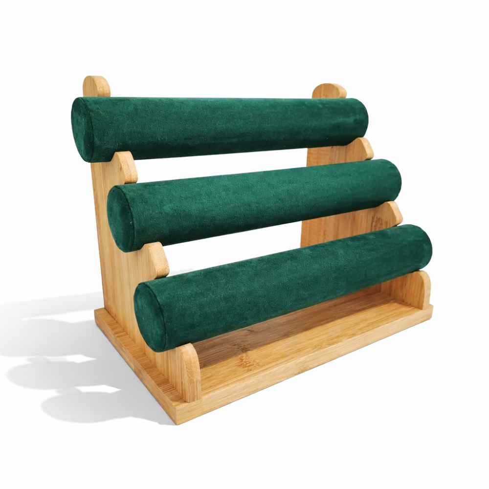 Expositor para pulseras de madera y ante verde esmeralda de 3 niveles