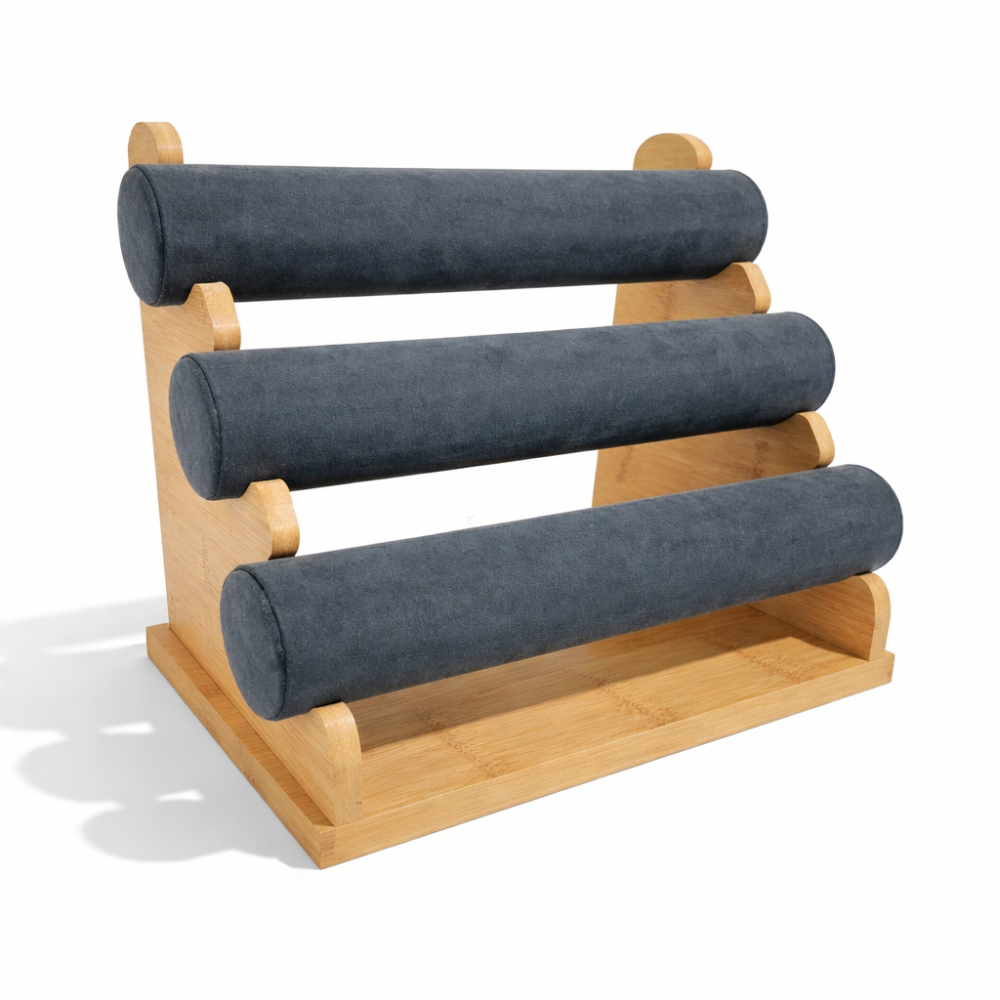 Expositor para pulseras de madera y ante gris de 3 niveles