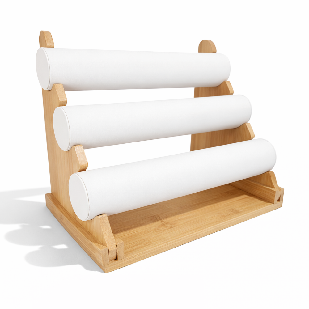 Expositor para pulseras de madera y símil piel blanca de 3 niveles