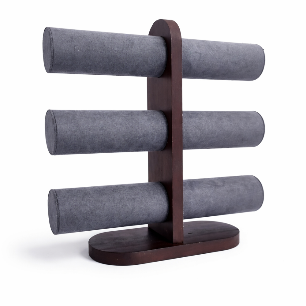 Portapulseras de 3 niveles de madera oscura y de ante gris antracita