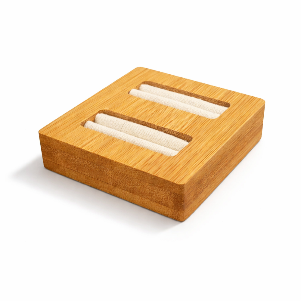 Mini bandeja para 2 anillos de madera y ante beige