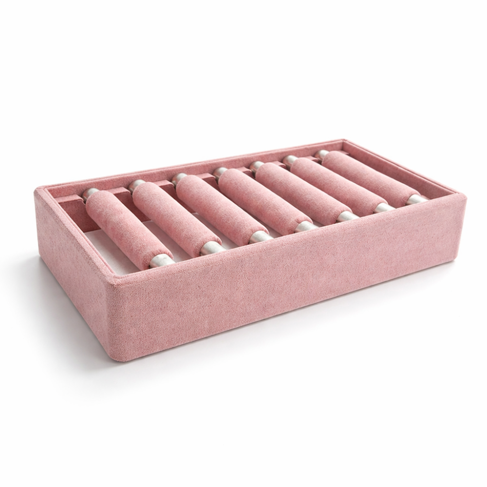Bandeja pequeña de ante rosa con 7 rollos extraíbles para anillos