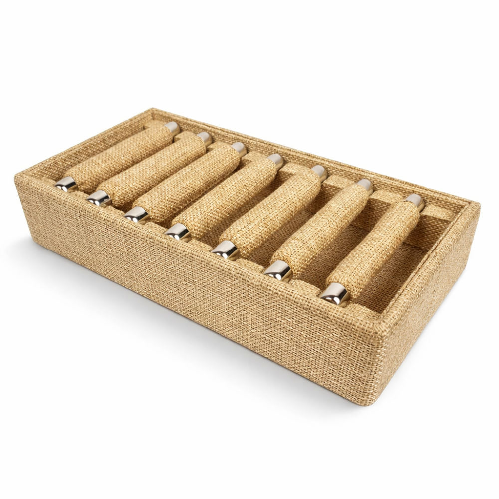Pequeña bandeja de yute con 7 rollos extraíbles para anillos